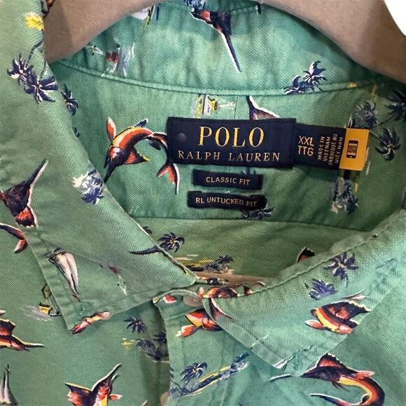 Ralph Lauren Men's XXL Green Graphic fish Print Short Sleeve Oxford Shirt - Picture 3 of 3